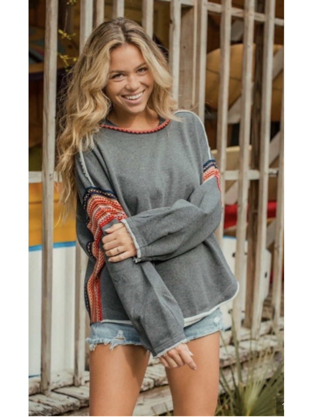 Natural Life Knit Trim Sweatshirt Womens S/M Charcoal Oversize Crochet Raw Hem